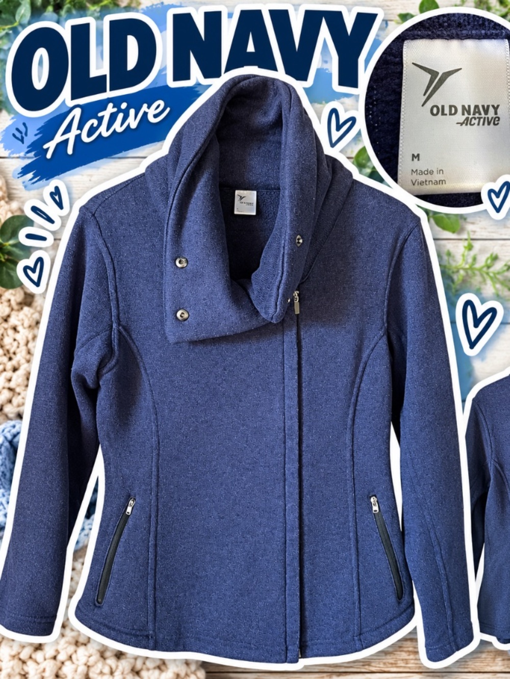 Old Navy Active Navy Cowl Neck Zip Jacket Size M